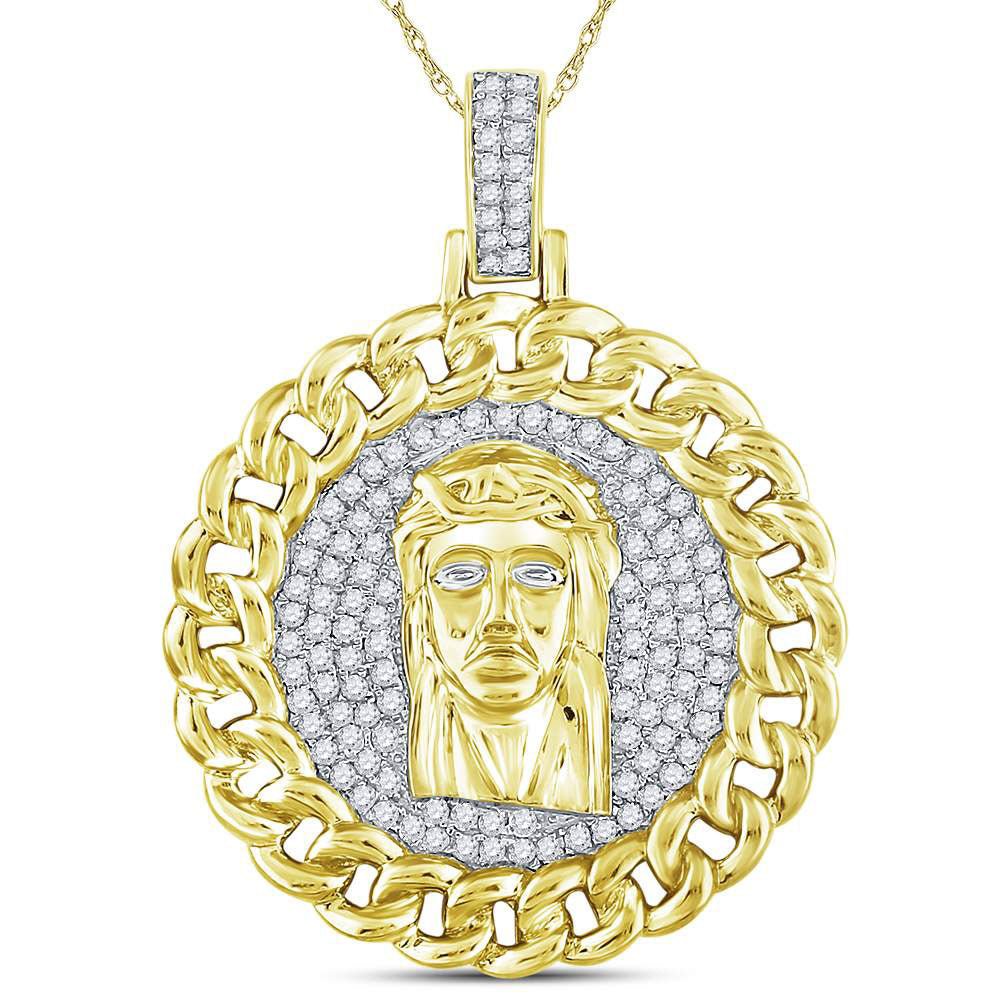 10kt Yellow Gold Mens Round Diamond Cuban Link Circle Jesus Face Pendant 1 Cttw