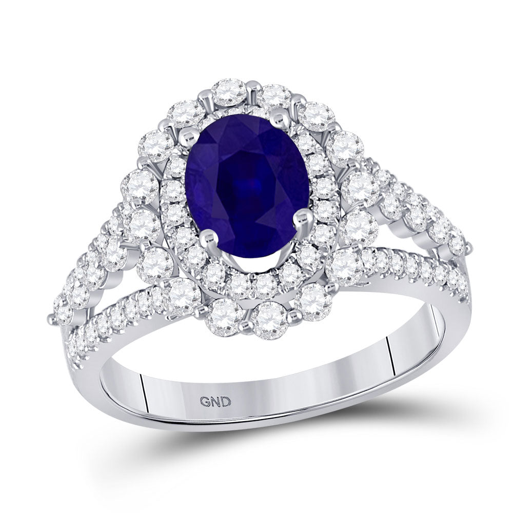 14kt White Gold Womens Oval Blue Sapphire Solitaire Diamond Ring 2-1/3 Cttw