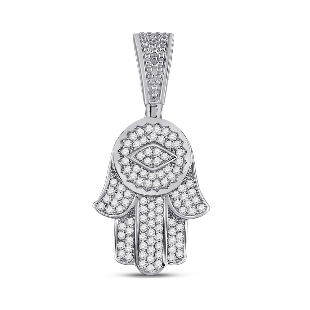 10kt White Gold Mens Round Diamond Hamsa Charm Pendant 7/8 Cttw