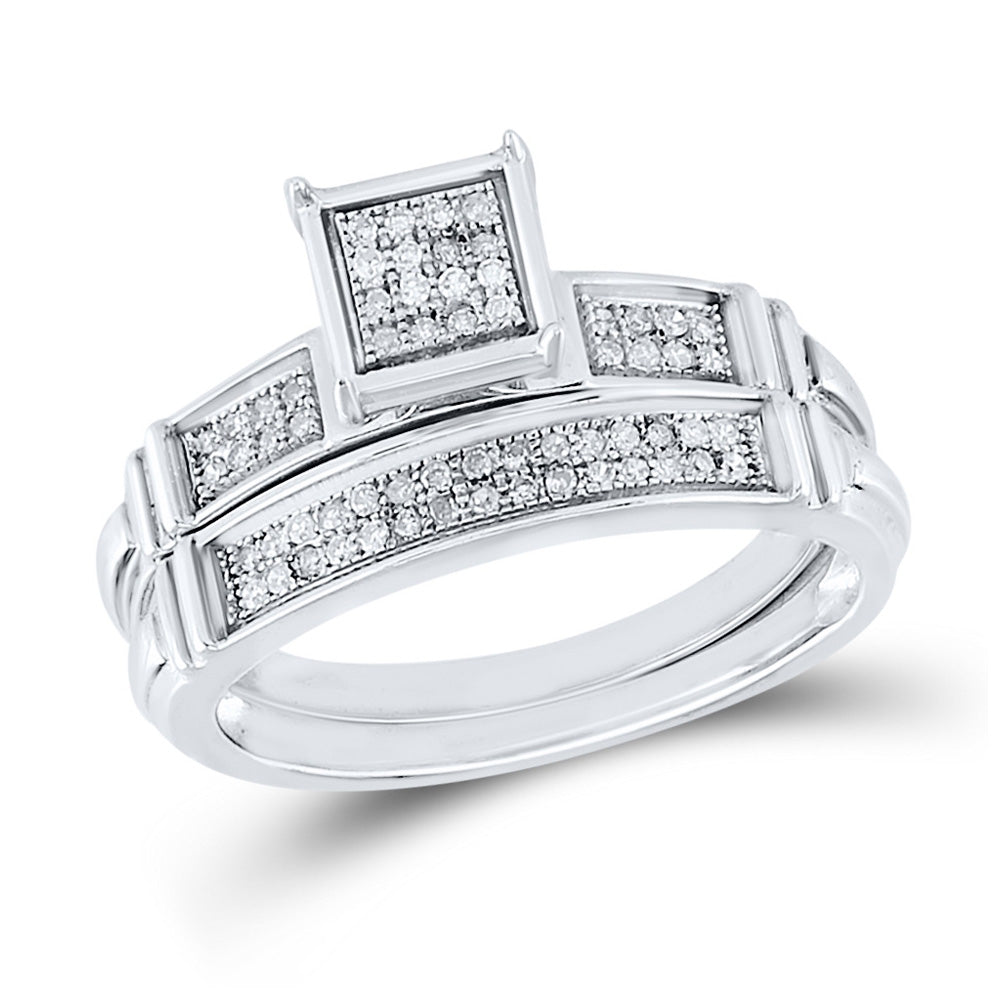 Sterling Silver Round Diamond Square Bridal Wedding Ring Band Set 1/5 Cttw