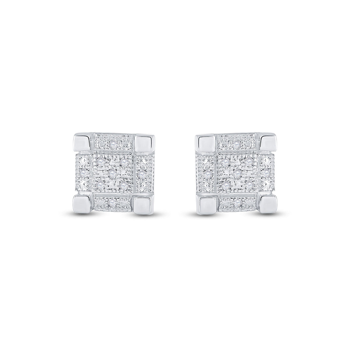 Sterling Silver Mens Round Diamond 3D Cube Square Earrings 1/20 Cttw