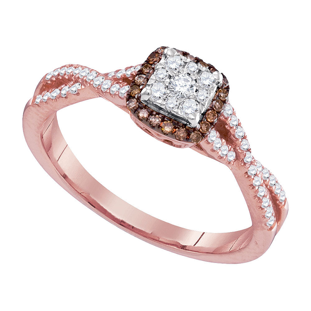 14kt Rose Gold Womens Round Brown Diamond Twist Cluster Ring 1/3 Cttw