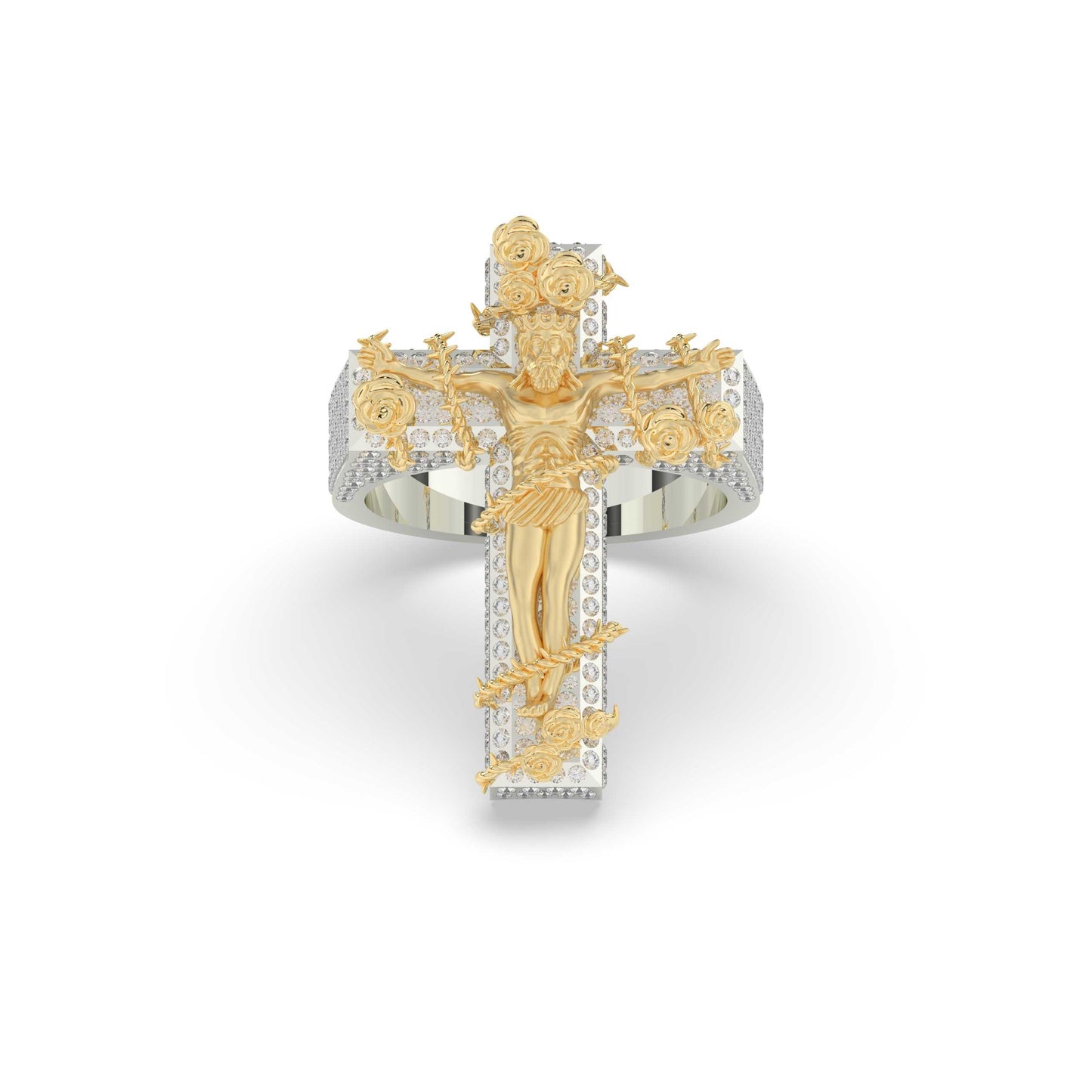 Floral Crucifix Diamond Jesus Ring