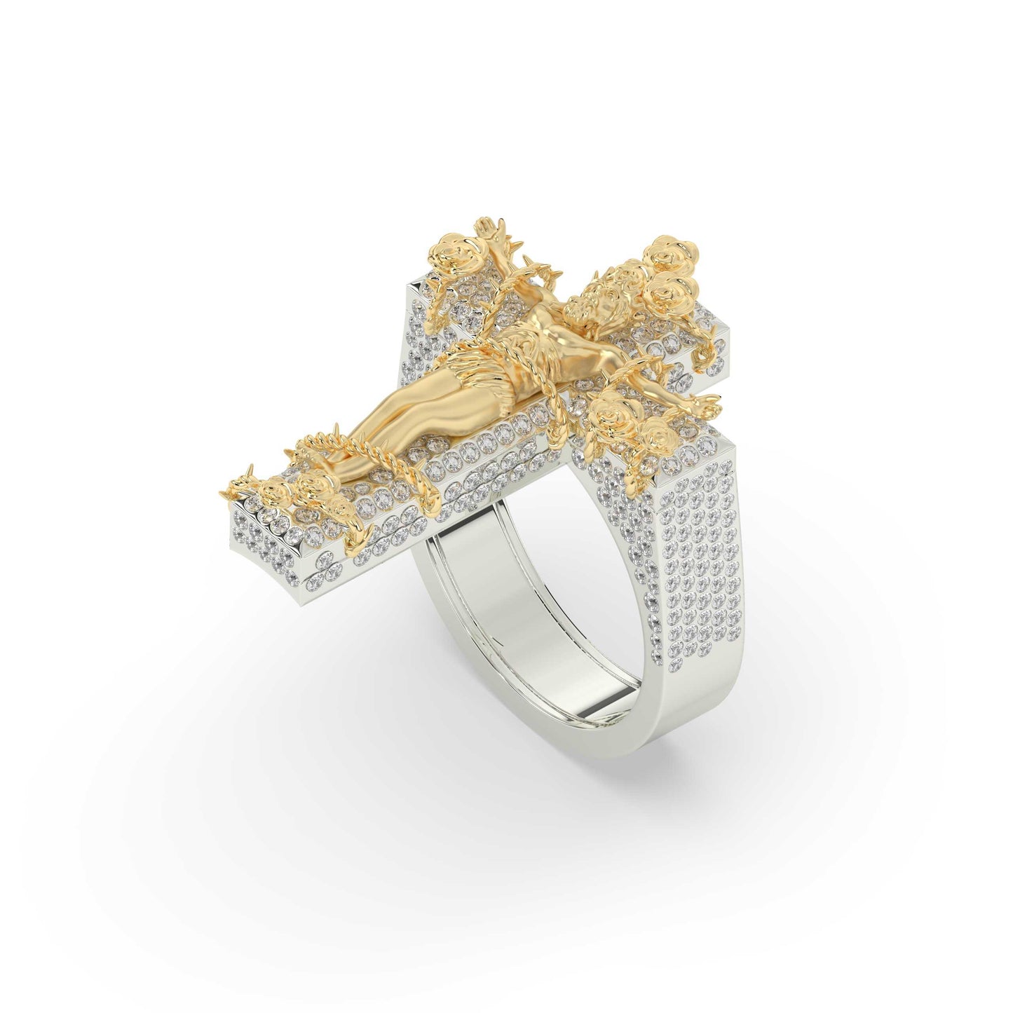Floral Crucifix Diamond Jesus Ring