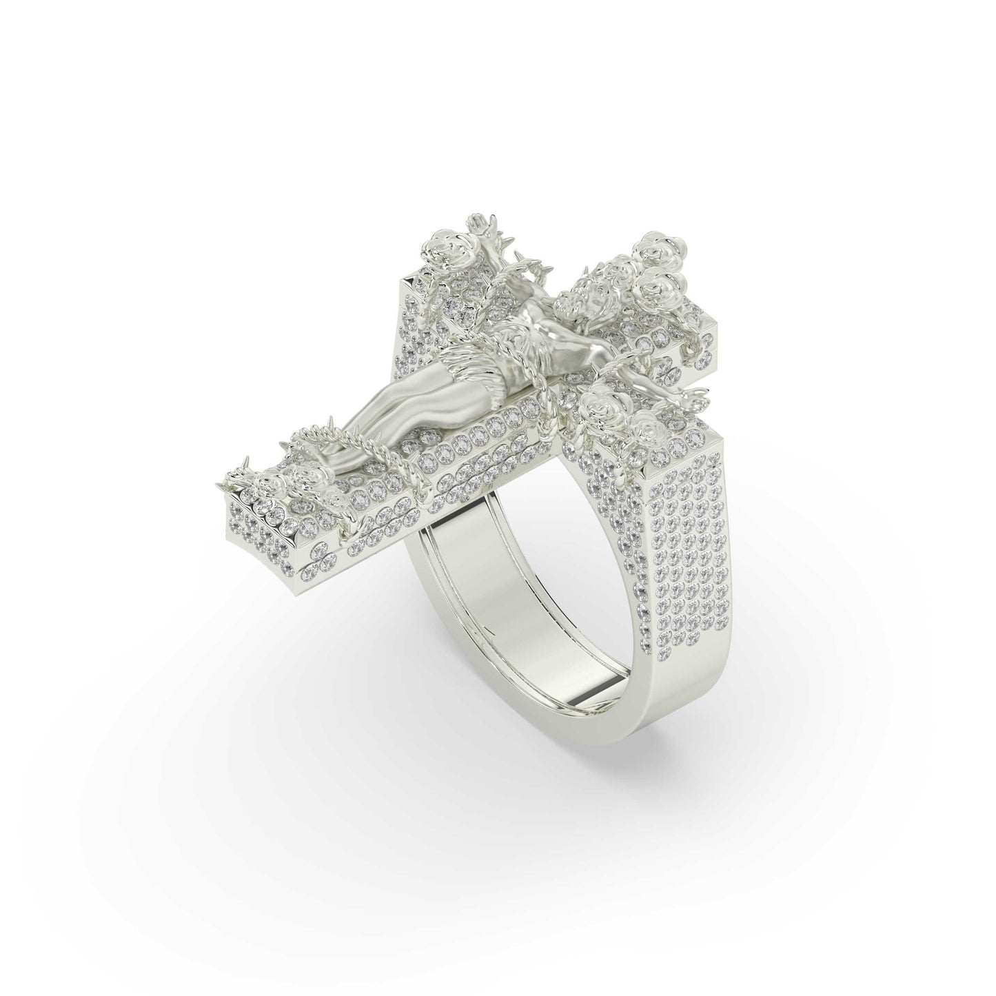 Floral Crucifix Diamond Jesus Ring