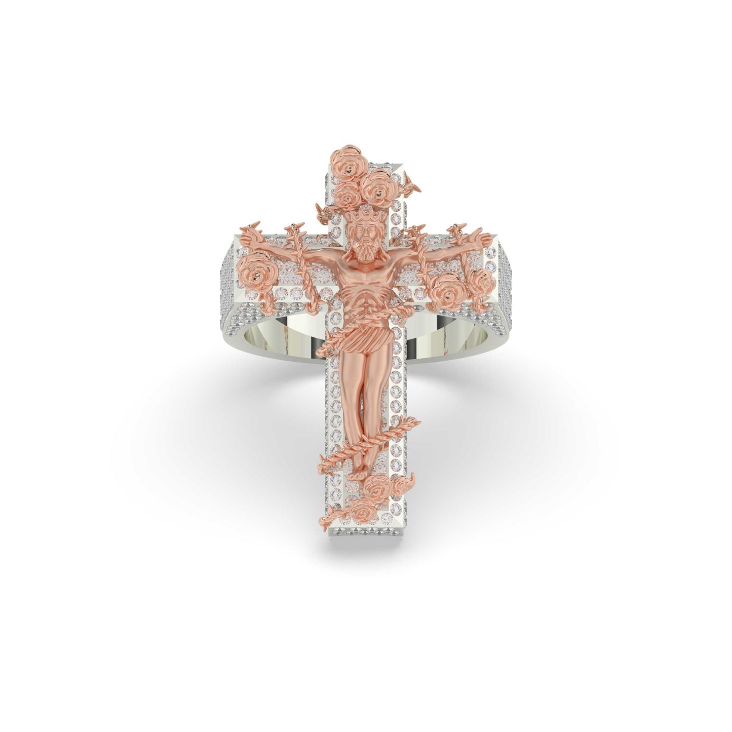 Floral Crucifix Diamond Jesus Ring
