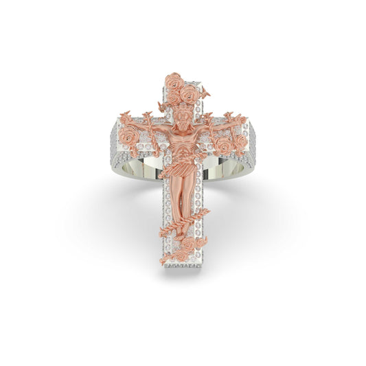 Floral Crucifix Diamond Jesus Ring