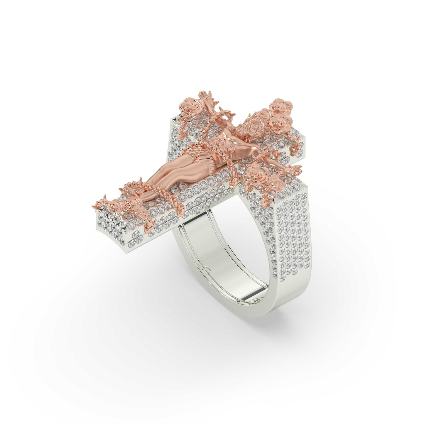 Floral Crucifix Diamond Jesus Ring