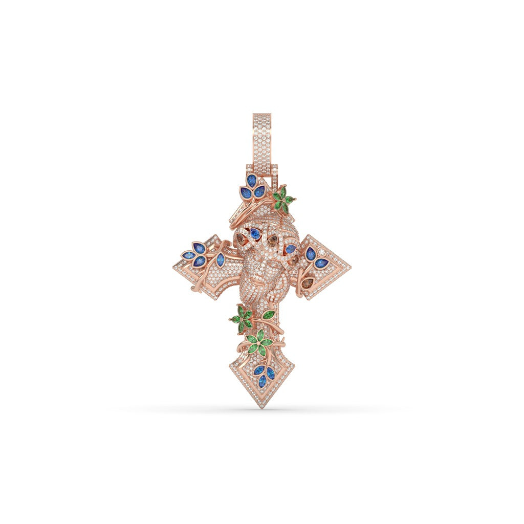 Floral Jesus Gemstone Cross Pendant