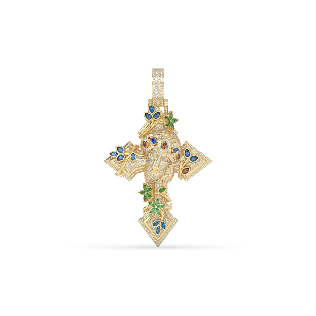 Floral Jesus Gemstone Cross Pendant