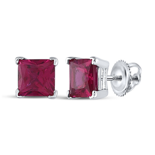 Sterling Silver Womens Princess Lab-Created Ruby Solitaire Stud Earrings 2 Cttw