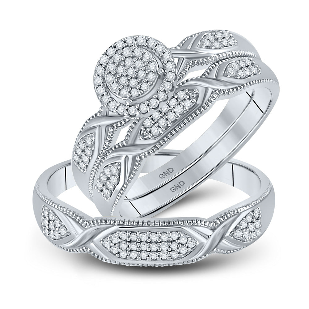 10kt White Gold His Hers Round Diamond Cluster Matching Wedding Set 1/3 Cttw