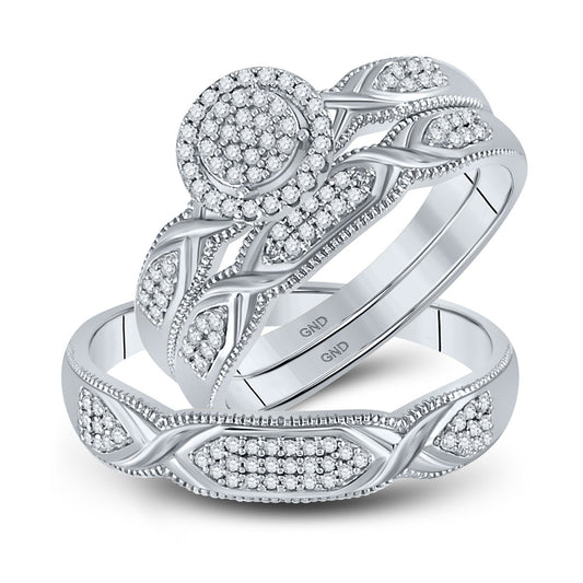 10kt White Gold His Hers Round Diamond Cluster Matching Wedding Set 1/3 Cttw