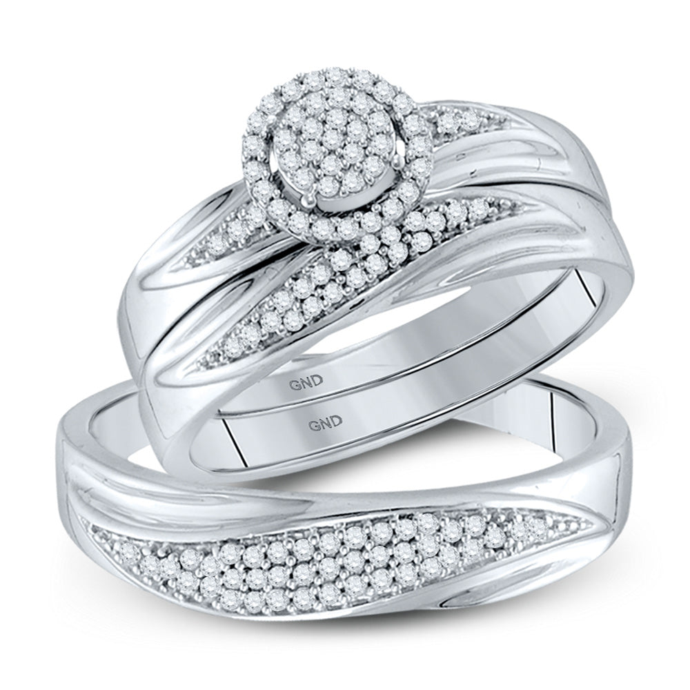 10kt White Gold His Hers Round Diamond Cluster Matching Wedding Set 1/3 Cttw