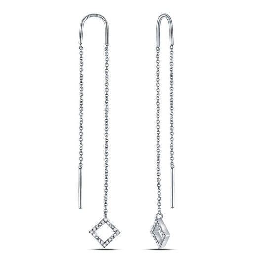 10kt White Gold Womens Round Diamond Threader Square Dangle Earrings 1/10 Cttw