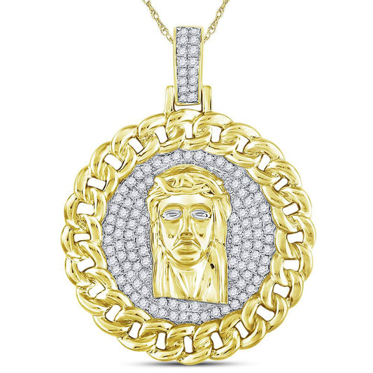 10kt Yellow Gold Mens Round Diamond Cuban Link Circle Jesus Face Pendant 1 Cttw