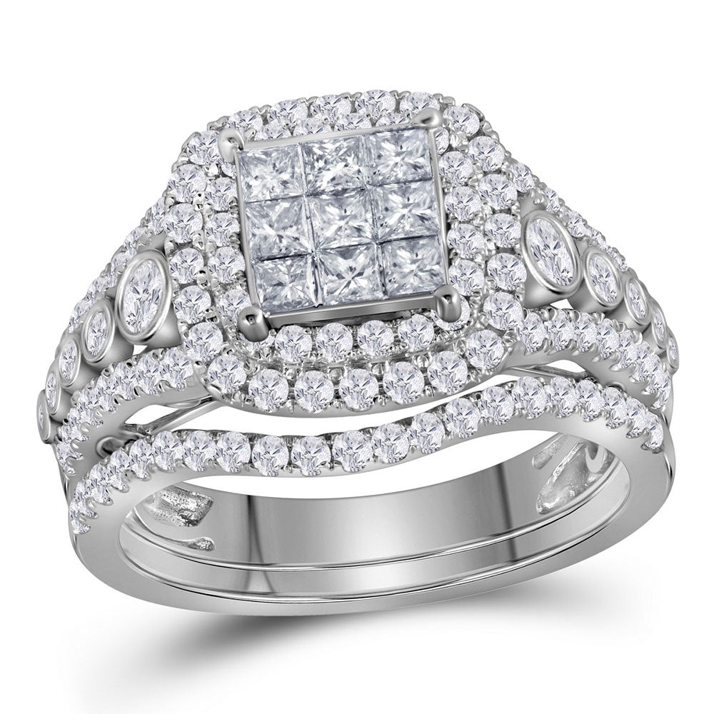 14kt White Gold Princess Diamond Bridal Wedding Ring Band Set 1-1/2 Cttw