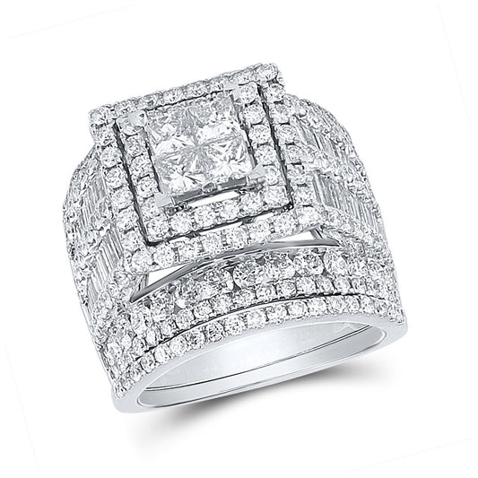 14kt White Gold Princess Diamond Square Bridal Wedding Ring Band Set 4 Cttw