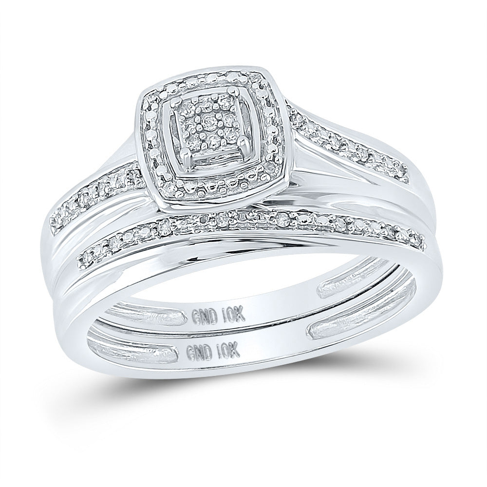 10kt White Gold His Hers Round Diamond Cluster Matching Wedding Set 1/12 Cttw