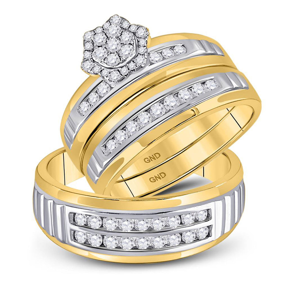 10kt Two-tone Gold His Hers Round Diamond Cluster Matching Wedding Set 3/4 Cttw