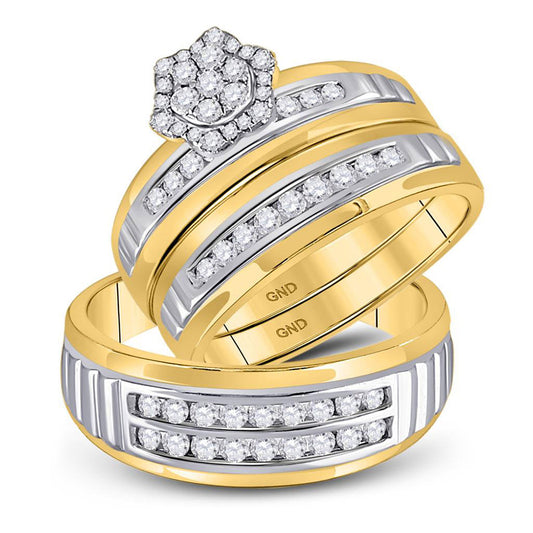 10kt Two-tone Gold His Hers Round Diamond Cluster Matching Wedding Set 3/4 Cttw