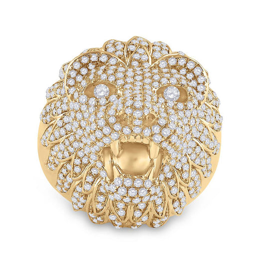 14kt Yellow Gold Mens Round Diamond Lion Head Animal Ring 2-3/4 Cttw