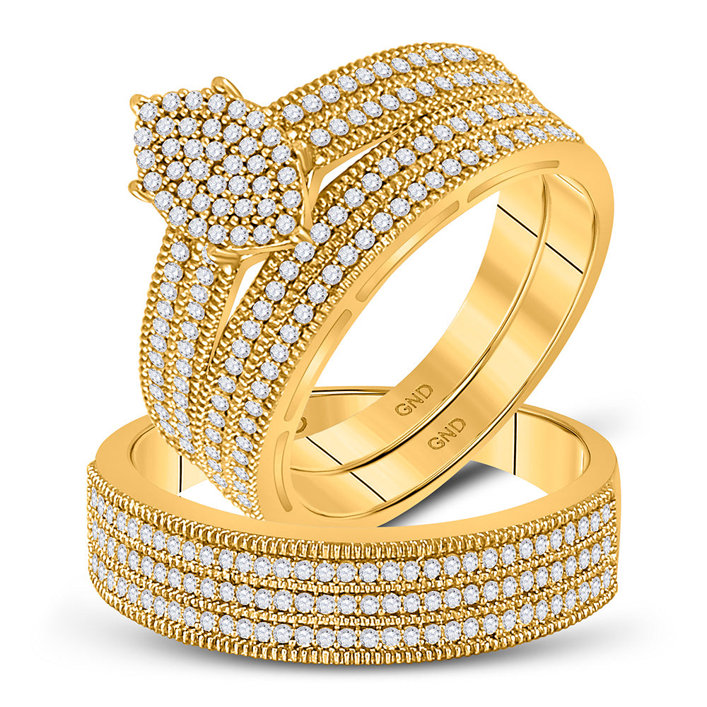 10kt Yellow Gold His Hers Round Diamond Cluster Matching Wedding Set 3/4 Cttw