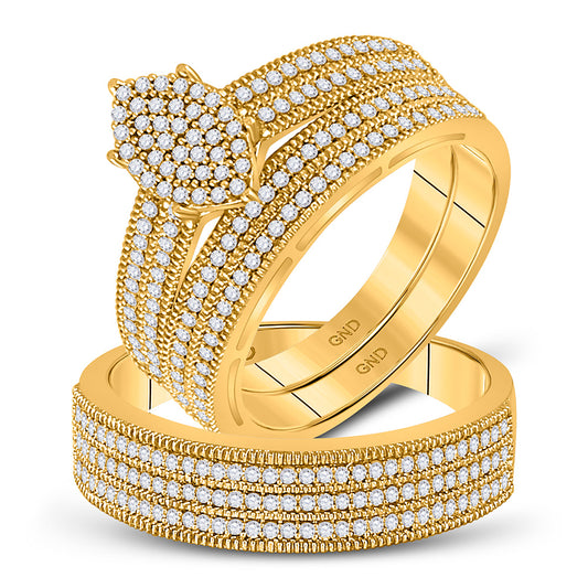 10kt Yellow Gold His Hers Round Diamond Cluster Matching Wedding Set 3/4 Cttw
