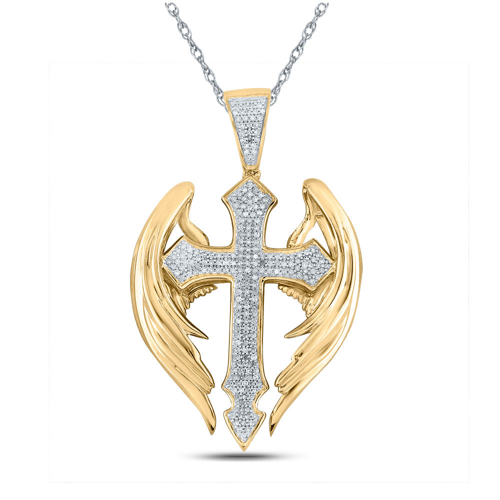10kt Yellow Gold Mens Round Diamond Wings Cross Charm Pendant 1/2 Cttw