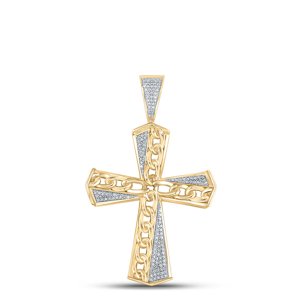 10kt Yellow Gold Mens Round Diamond Cuban Link Cross Charm Pendant 1/3 Cttw