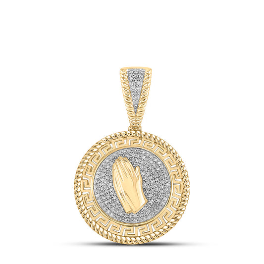10kt Yellow Gold Mens Round Diamond Prayer Hands Medallion Charm Pendant 3/8 Cttw