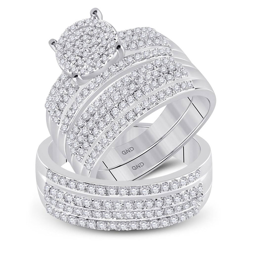 14kt White Gold His Hers Round Diamond Cluster Matching Wedding Set 1-1/3 Cttw