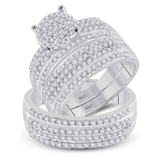 14kt White Gold His Hers Round Diamond Cluster Matching Wedding Set 1-1/3 Cttw