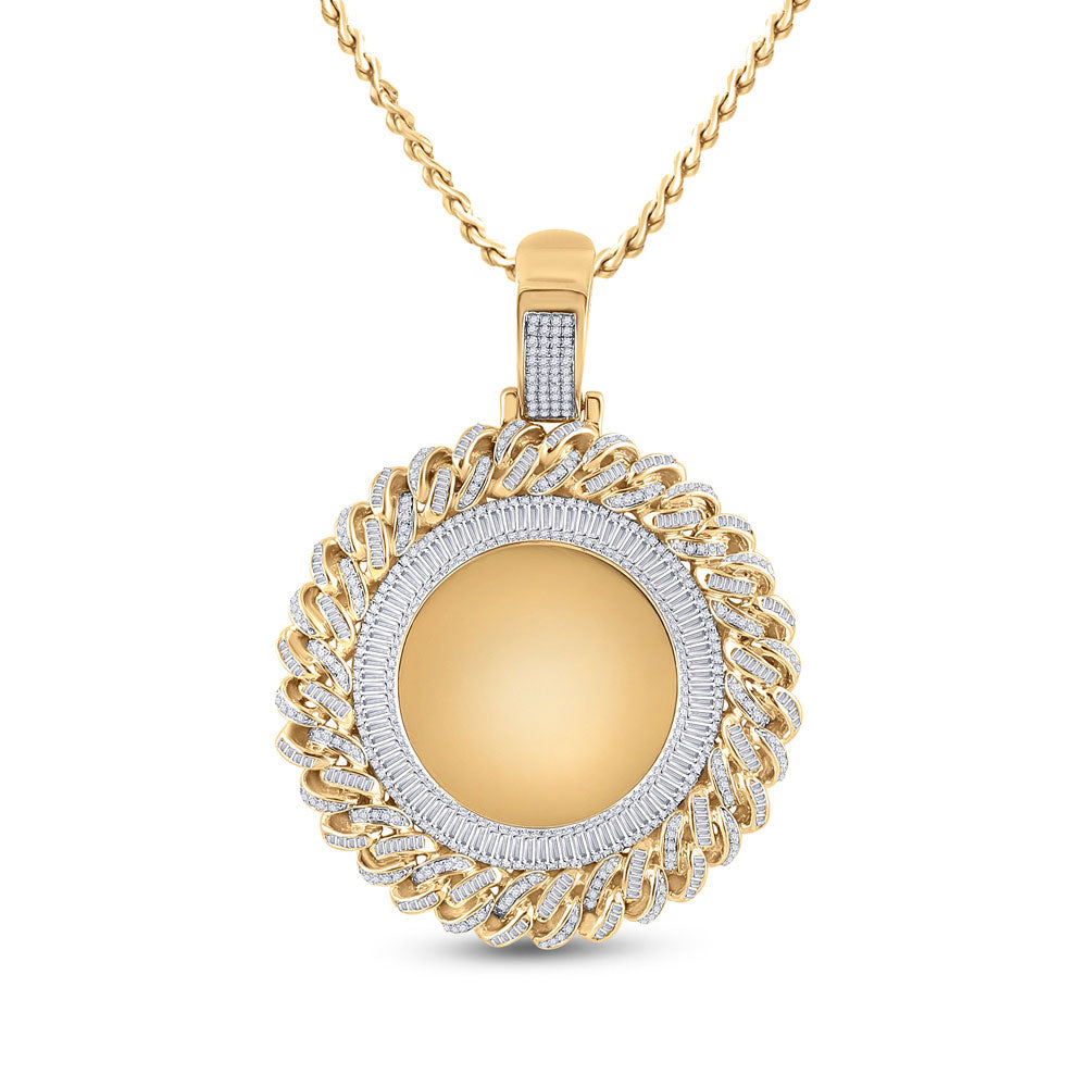 14kt Yellow Gold Mens Round Diamond Cuban Link Circle Picture Memory Pendant 3-1/4 Cttw