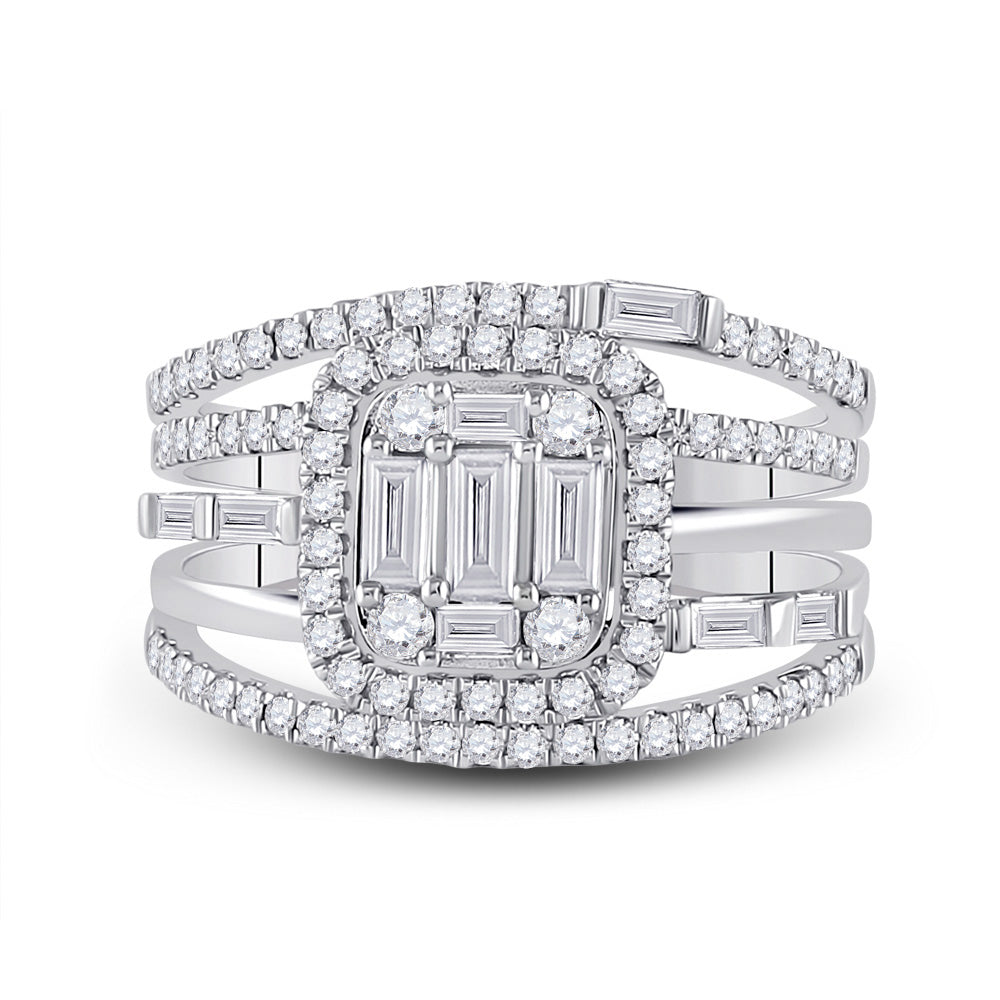 14kt White Gold Baguette Diamond Halo Bridal Wedding Ring Band Set 1 Cttw
