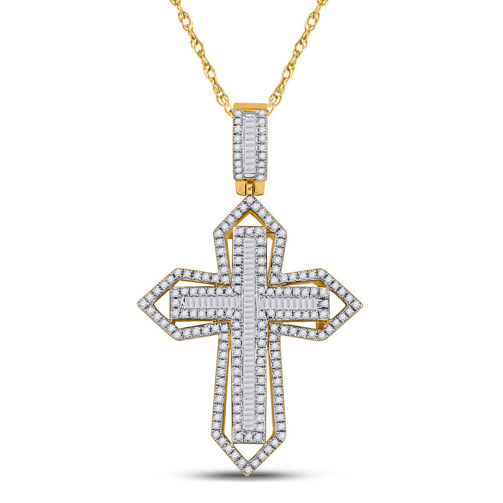 14kt Yellow Gold Mens Baguette Diamond Cross Charm Pendant 7/8 Cttw