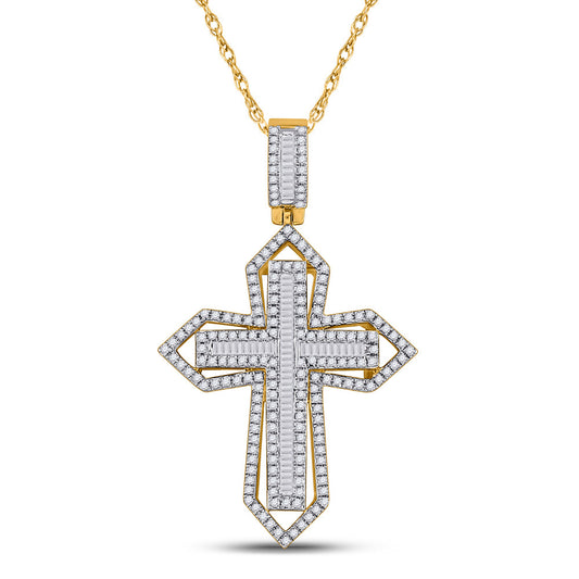 14kt Yellow Gold Mens Baguette Diamond Cross Charm Pendant 7/8 Cttw