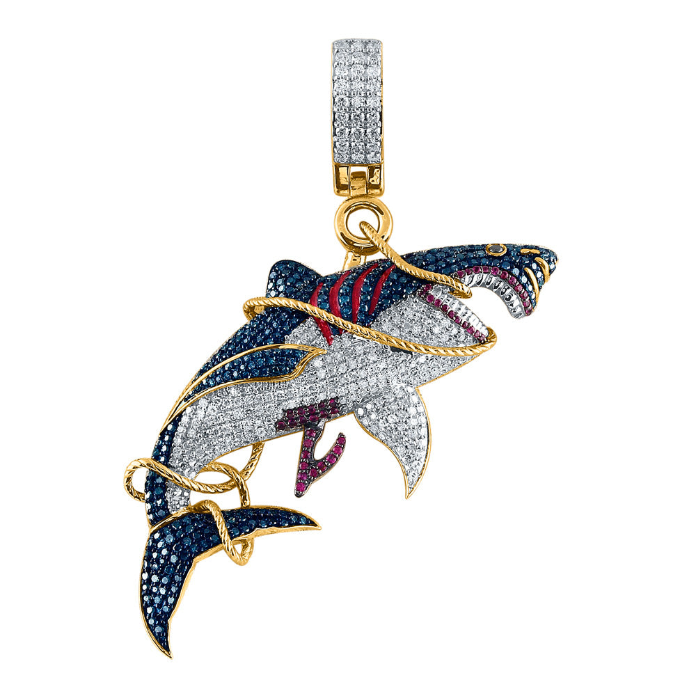 14kt Yellow Gold Mens Round Ruby Diamond Shark Charm Pendant 3-1/2 Cttw