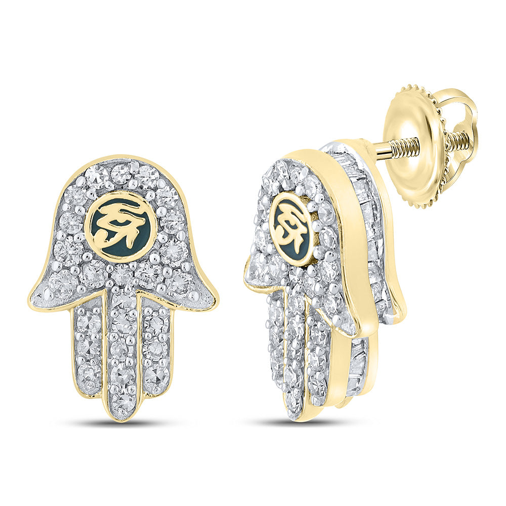 10kt Yellow Gold Mens Baguette Diamond Hamsa Eye of Ra Earrings 3/4 Cttw