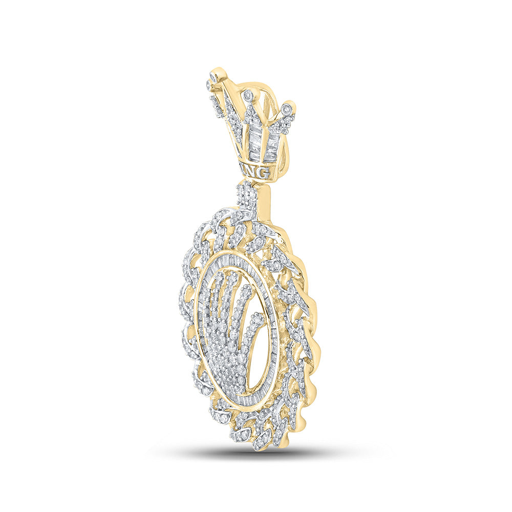 10kt Yellow Gold Mens Baguette Diamond Cuban Link Crown Charm Pendant 1-7/8 Cttw