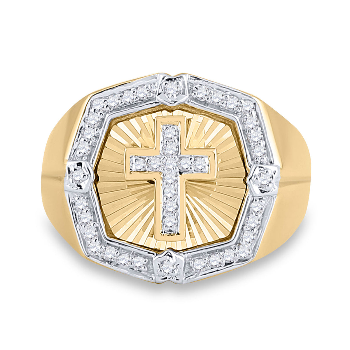 14kt Yellow Gold Mens Round Diamond Cross Ring 1/4 Cttw