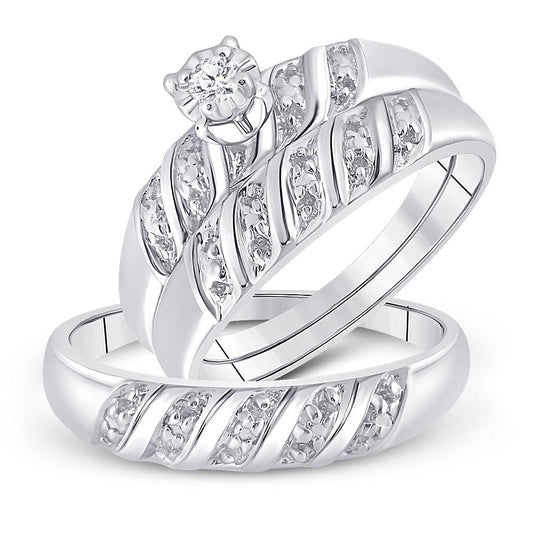 Sterling Silver His Hers Round Diamond Solitaire Matching Wedding Set 1/20 Cttw