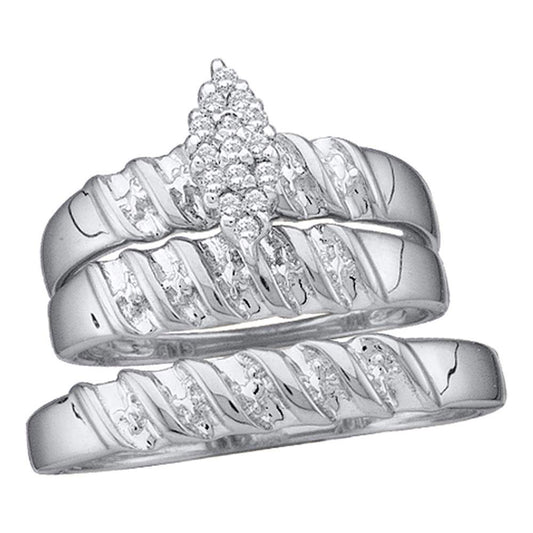 Sterling Silver His Hers Round Diamond Cluster Matching Wedding Set 1/10 Cttw