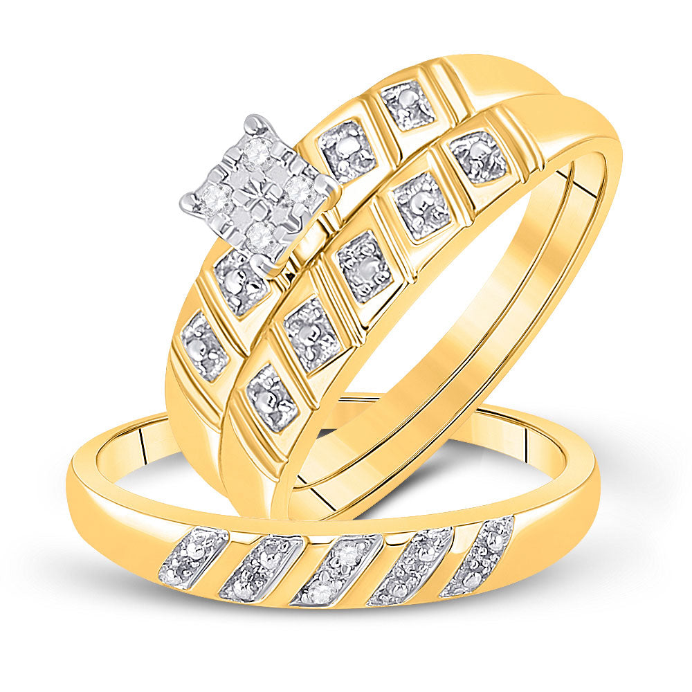 10kt Yellow Gold His Hers Round Diamond Square Matching Wedding Set 1/12 Cttw