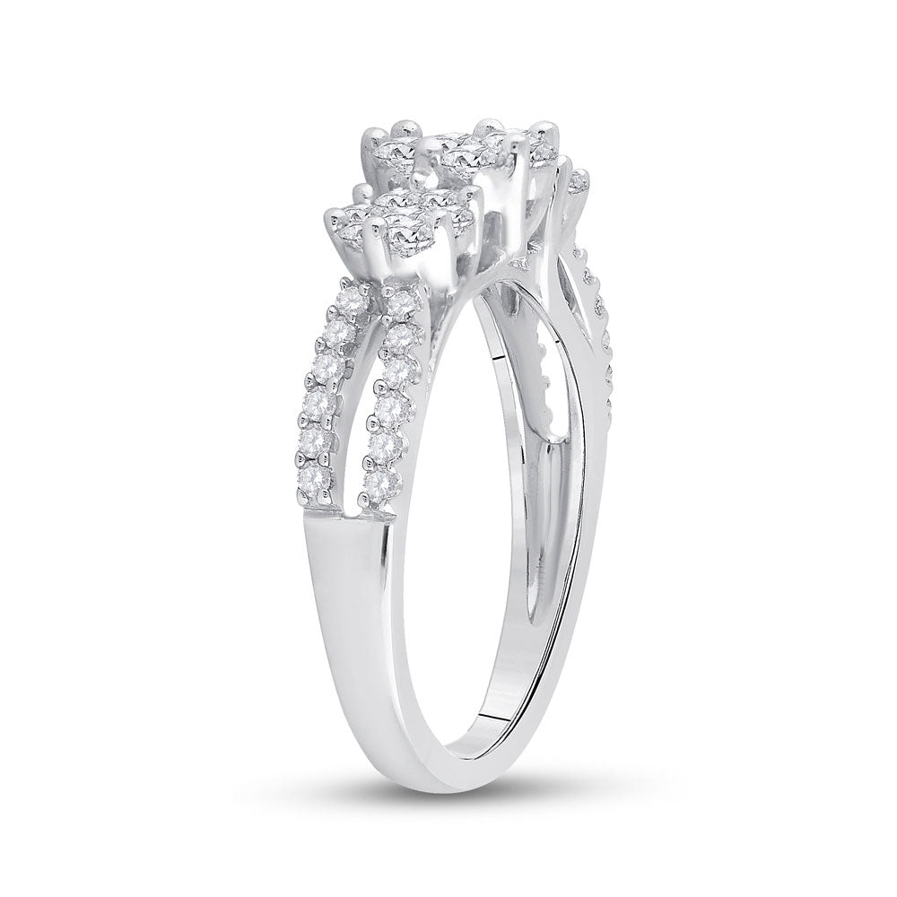 14kt White Gold Womens Round Diamond Triple Flower Cluster Ring 1 Cttw