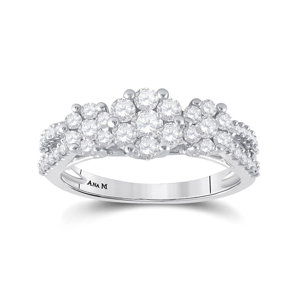14kt White Gold Womens Round Diamond Triple Flower Cluster Ring 1 Cttw