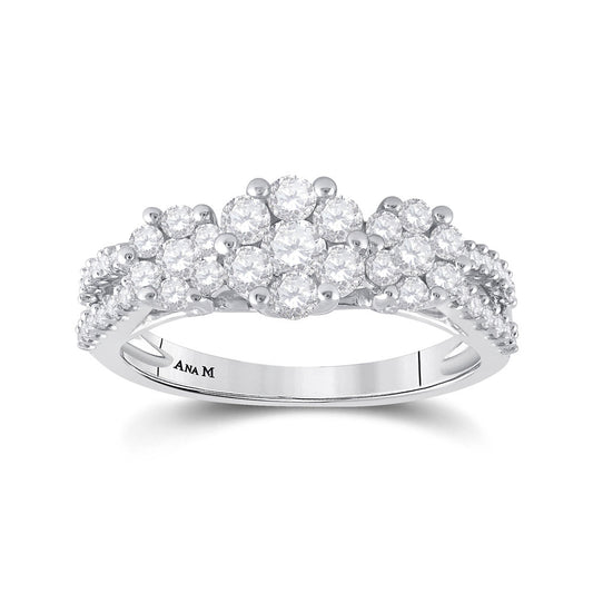 14kt White Gold Womens Round Diamond Triple Flower Cluster Ring 1 Cttw