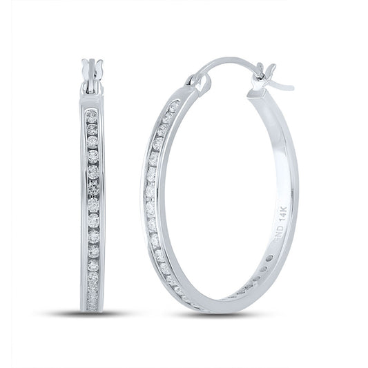 14kt White Gold Womens Round Diamond Hoop Earrings 1/2 Cttw