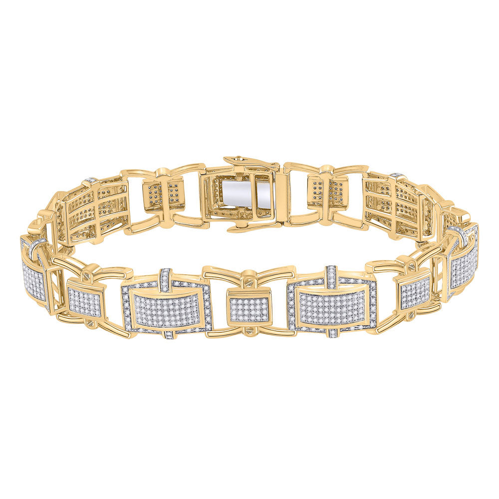 10kt Yellow Gold Mens Round Diamond Rectangle Link Bracelet 2-1/2 Cttw