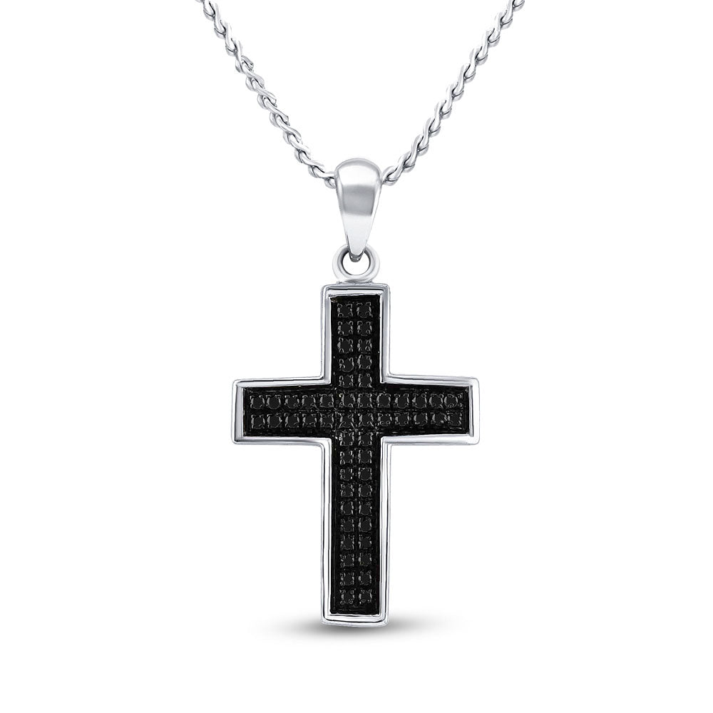 Sterling Silver Mens Round Black Color Enhanced Diamond Cross Charm Pendant 1/6 Cttw